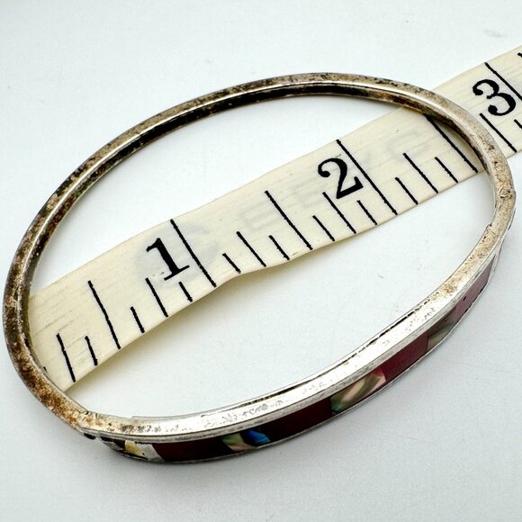 Vintage Mexican Alpaca Silver Tone Bracelet With Red Enamel & Abalone Inlay - Picture 5 of 9